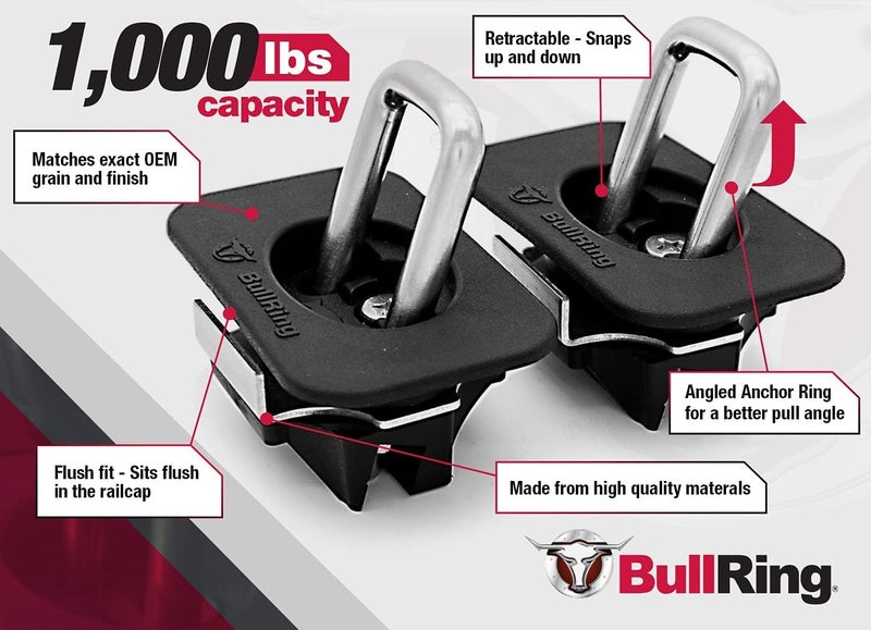 Bull Ring Flush Fit 35Â° Degree Angle Retractable Truck Bed Tie Down Anchors, Compatible with Ford 2015-2025 F150, 2017-2025 F250 F350 & F450 Trucks (1 Pair) - Image 3